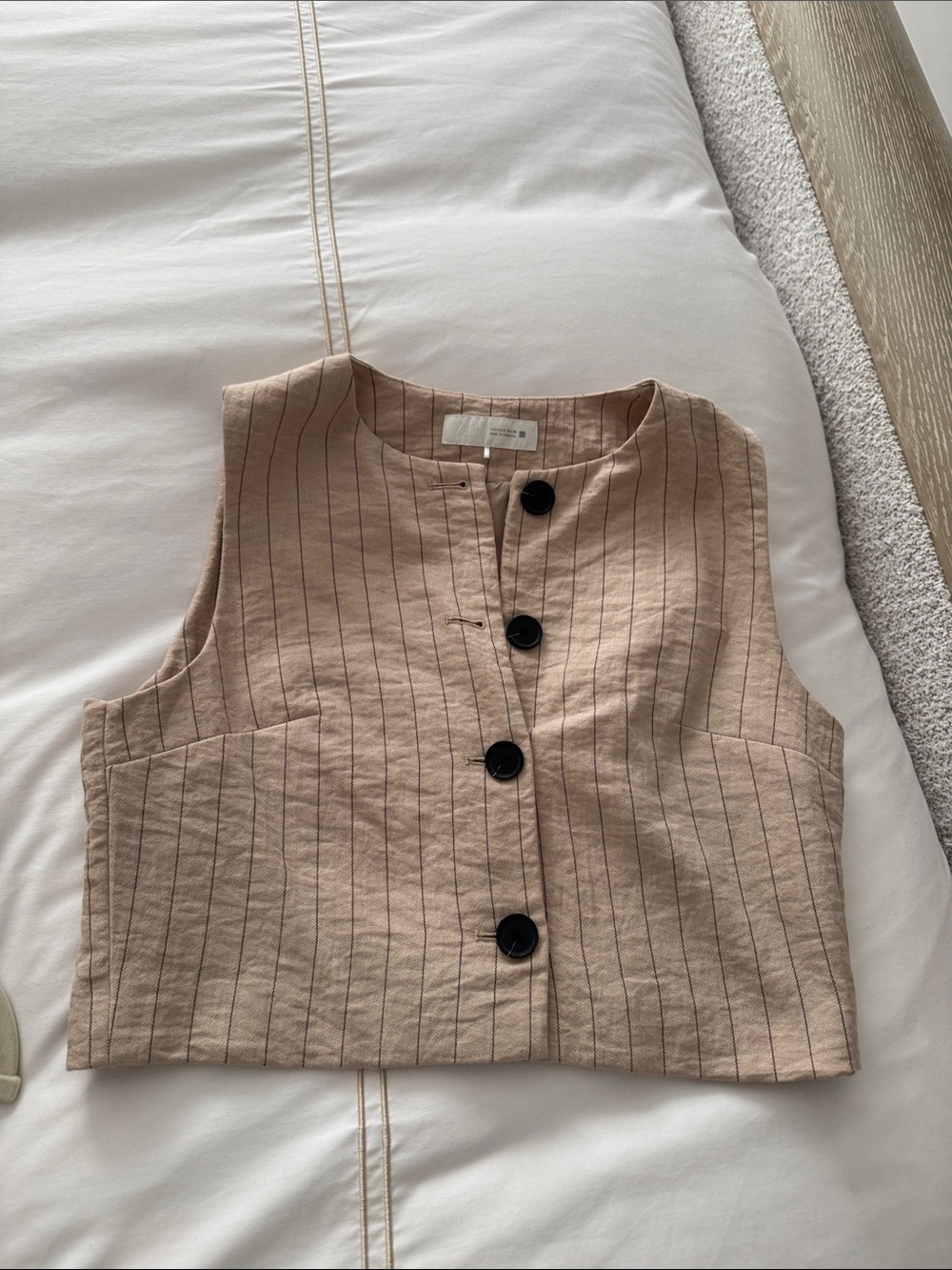 Zara Beige Pinstripe Cropped Vest with Black Buttons